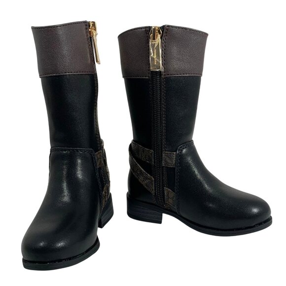 Michael Kors Black & Brown Mid-Calf Boots Gold Detail Side Zipper Girls SZ 5 NEW - Picture 1 of 8